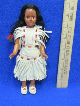 Vintage Native American Indian Doll Native Dress Red Beadwork Moccasins Braids