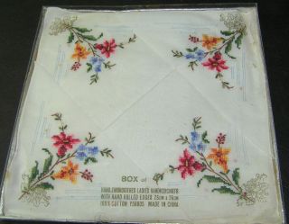 4 Vintage White Handkerchiefs Cotton Hand Embroidered Rolled Colourful Flowers