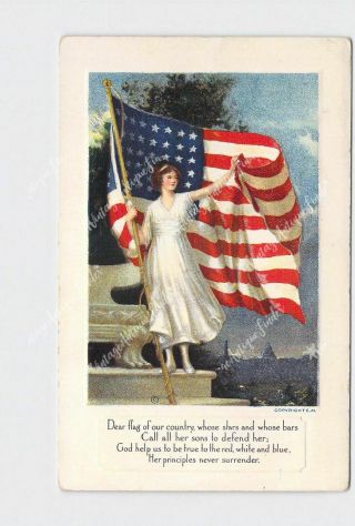 Antique Postcard Patriotic Lady Liberty With Flag Waving Dear Flag Of Our Countr