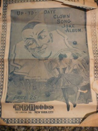 Antique Clown " Newspaper " Ephemera Print " Up To Date Clown Song Joke Album " 1914