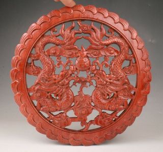 Rare China Wood Plate Handmade Carving Dragon Statue Old Christmas Gift