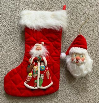 Christmas Stocking Raised Santa W/gift Animals & Plush Santa Face Ornament.  Rare
