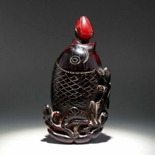 Collectable China Antique Hand Carve Fish & Lotus Delicate Ox Horn Snuff Bottle