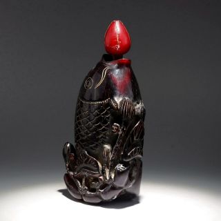 Collectable China Antique Hand Carve Fish & Lotus Delicate Ox Horn Snuff Bottle 2