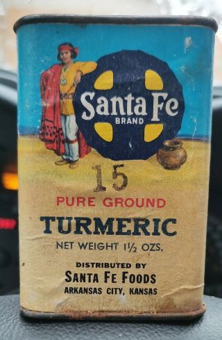 Antique Santa Fe Turmeric Spice Tin Vintage Arkansas City Ks Can Native American