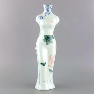 Collect China Old Porcelain Hand - Paint Bloomy Lotus Cheongsam Statue Flower Vase