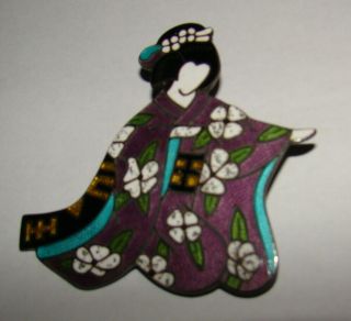 Vtg Rare Margot De Taxco Geisha Woman Pin Sterling Enamel Oriental Lady Brooch