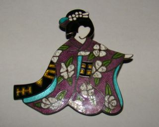 Vtg Rare MARGOT DE TAXCO Geisha Woman Pin Sterling Enamel Oriental Lady Brooch 2