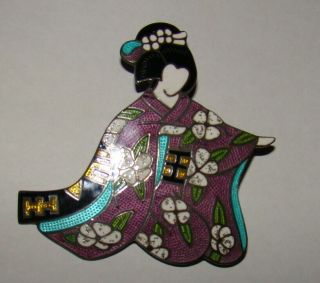 Vtg Rare MARGOT DE TAXCO Geisha Woman Pin Sterling Enamel Oriental Lady Brooch 3