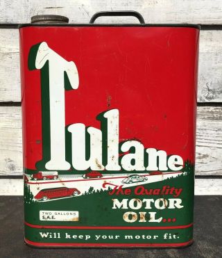 Vtg 1930s 40s Tulane Motor Oil 2 Gallon Oil Can Tin W/ Car Graphics Rare Gas Oil