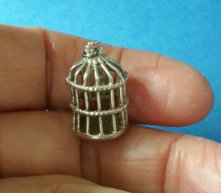 Rare Vintage Mid Century Large Sterling Silver Bird In Cage Charm / Pendant