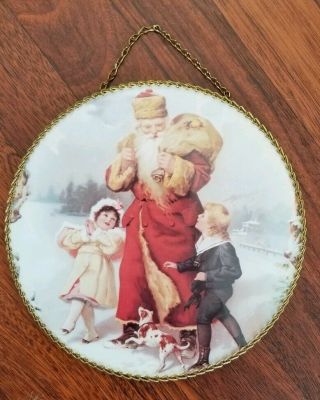 Vintage Antique Glass Victorian Christmas Santa Child Litho Chimney Flu Cover 9 "