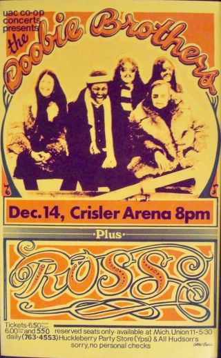 Doobie Brothers Ann Arbor 1974 Concert Poster Very Rare Nm