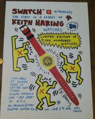 Rare First 1985 Keith Haring Artwork Advertising Poster - - Swatch Watches