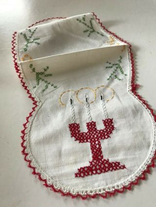 Vintage Swedish Christmas Table Runner,  Red Candelabra And Red Picot Edging