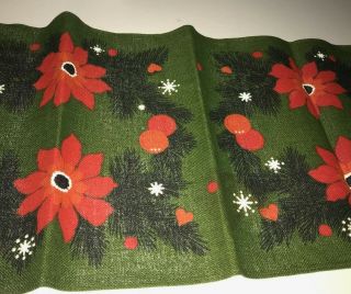Swedish Vintage Linen Christmas Table Runner,  Poinsettias And Snowflakes