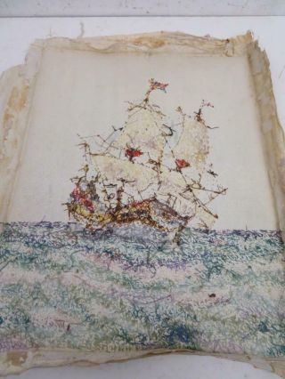 really old needle work embroidery GALLEON SAIL SHIP 3