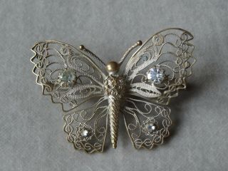 Antique Vintage Jewellery Signed Emeco Filigree Crystal Butterfly Brooch