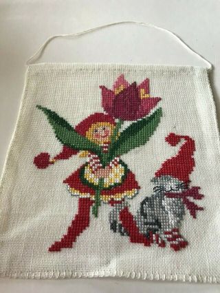Vintage Swedish Wallhanging Tapestry,  Little Elf Girl And Cat With Santa Hat