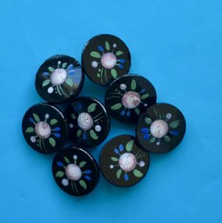 8 X 18mm Antique Victorian Black Glass Buttons,  Pink & Blue Enamelled Flowers