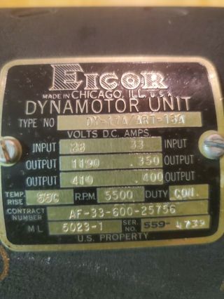RARE Vintage EICOR Dynamotor Unit DY - 17A / ART - 13A Transmitter - 3