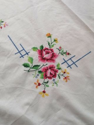 Hand Embroidered Square Table Cloth Rose Cross Stitch Floral Crochet Insert