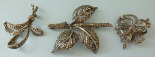 Antique Victorian Sterling Silver Marcasite Brooch Pin Bow Flower 925 Hand Set 3