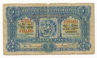 Portuguese India 1 Rupia 1924 (1929) P.  23a Repeater 441441 Ultra Rare Note