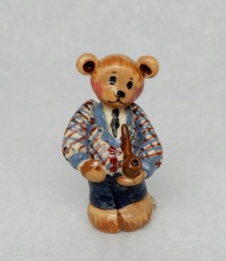 Vintage Karen Markland Bear With Pipe Artisan Dollhouse Miniature 1:12