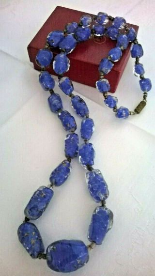 Vintage Antique Art Deco Style Sommerso Blue & Gold Fleck Foil Bead Necklace