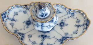 Vintage Rare Royal Copenhagen Porcelain Blue Fluted Lace Ink Well Desk Set 2