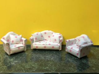 Vtg 7 Pc Miniature Dollhouse Fabric Living Room Furniture Sofa Chairs Pillows