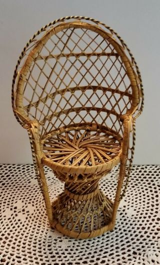 Vintage Wicker Peacock Rattan Chair 12 " Mini Fan Back Doll Chair,  Plant Stand.