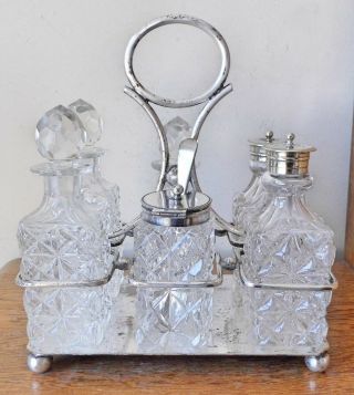 Antique Sheffield Silver Plated Cruet Set 6 Cut Glass Bottles Tray 4 Ball Feet