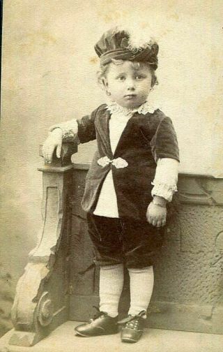Antique Cdv Photo Adorable Little Boy W Feather Hat & Velvet Outfit Paris