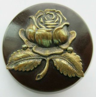 Xl Antique Vtg Carved Bakelite Button W/ Brass Metal Rose Flower (s)