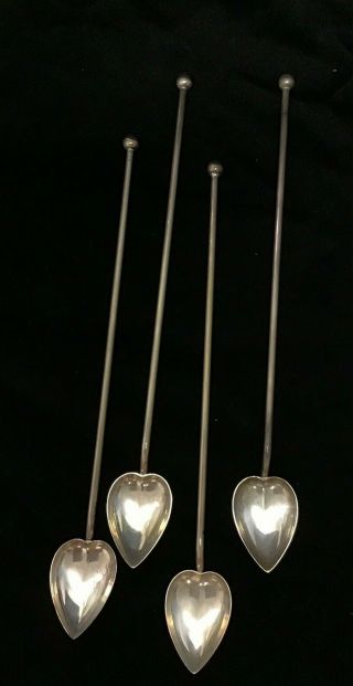 Vintage Sterling Silver Heart Shaped Iced Tea Spoons - 4 Pc