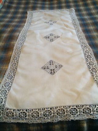 Vintage White Linen Table Runner With Crochet Lace Inserts 52 " X 21 "