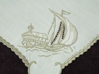Set Of 6 Old/vintage Napkins,  Embroidered With Ship/galeon To Corner