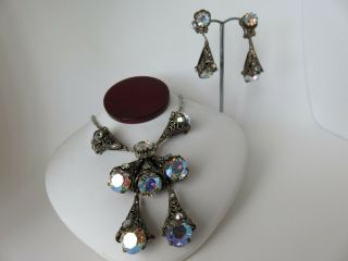 Antique Edwardian Filigree Necklace & Earrings Set Czech Aurora Borealis Paste
