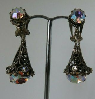 Antique Edwardian Filigree Necklace & Earrings Set Czech Aurora Borealis Paste 2
