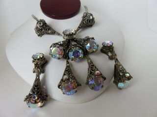 Antique Edwardian Filigree Necklace & Earrings Set Czech Aurora Borealis Paste 3