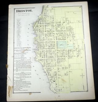 Antique 1870 D.  G.  Beers Atlas Hand Colored Map Bristol Waterfront Ri
