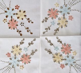 Vintage Pretty Pastel Flowers Square Madeira Tablecloth Hand Embroidered Linen