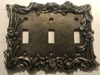 Vintage Silver Ornate Pearl Triple Electrical Light Switch Cover Metal Plate