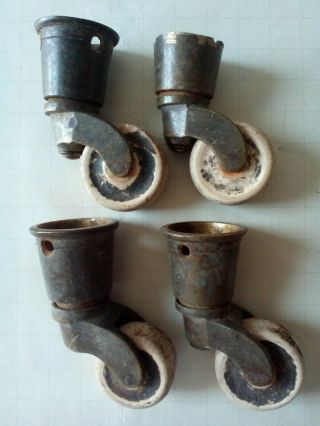 Set Of 4 Antique Brass And Ceramic Furniture Casters Wheels