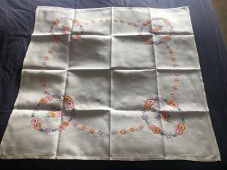 Cute Vintage Floral Hand Embroidered Small Square Cream Irish Linen Tablecloth 2