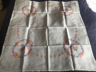 Cute Vintage Floral Hand Embroidered Small Square Cream Irish Linen Tablecloth 3