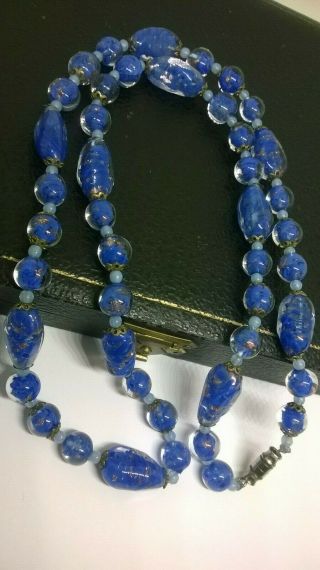 Vintage Antique Art Deco Style Sommerso Glass Gold Blue Foil Bead Necklace