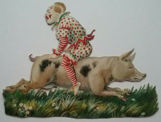 L.  Antique Victorian Emboss Chromo Scrap.  Clown Riding A Pig Backwards Ap 16x12cm